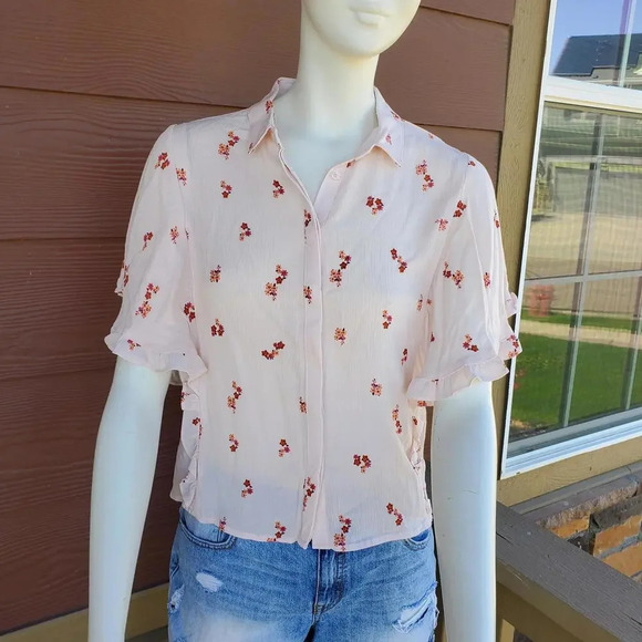 NWT Elodie Nordstrom Rack Short Sleeve Button Down Shirt Blush Pink Cropped Sz M - Picture 3 of 15